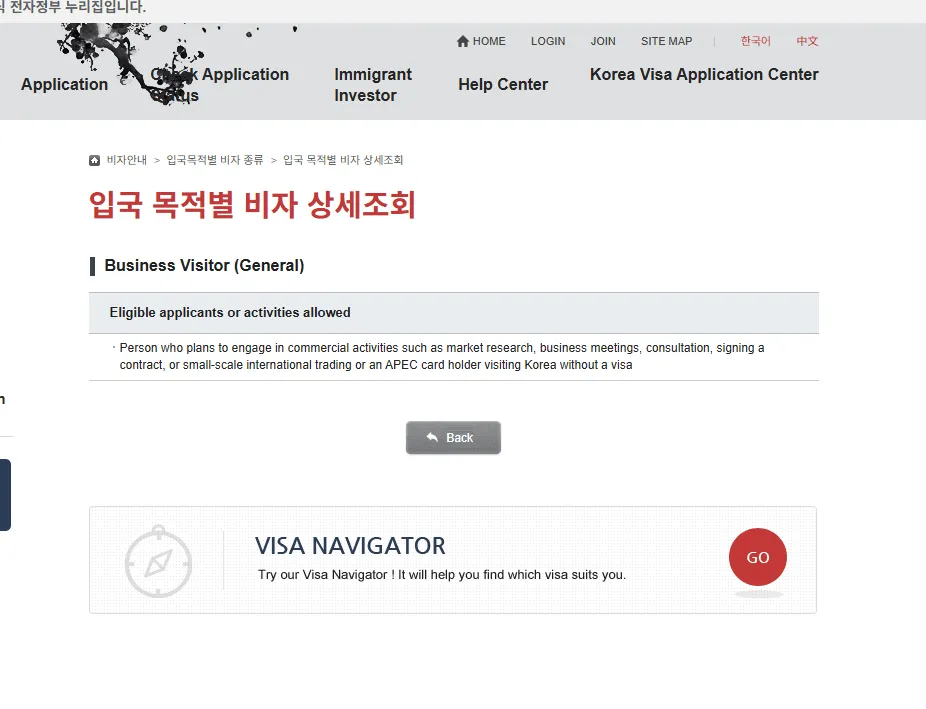 The Visa Portal detail page for Business Visitor (General), showing its eligible applicants and activities