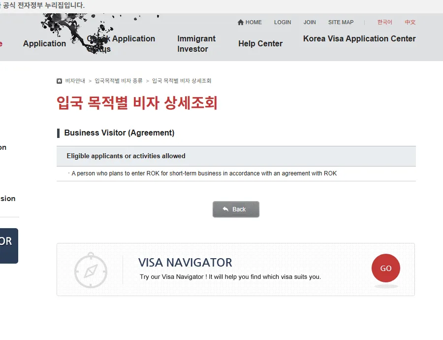 The Visa Portal detail page for Business Visitor (Agreement)