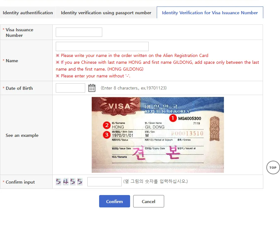The visa issuance number verification tab, with the portal’s specimen visa