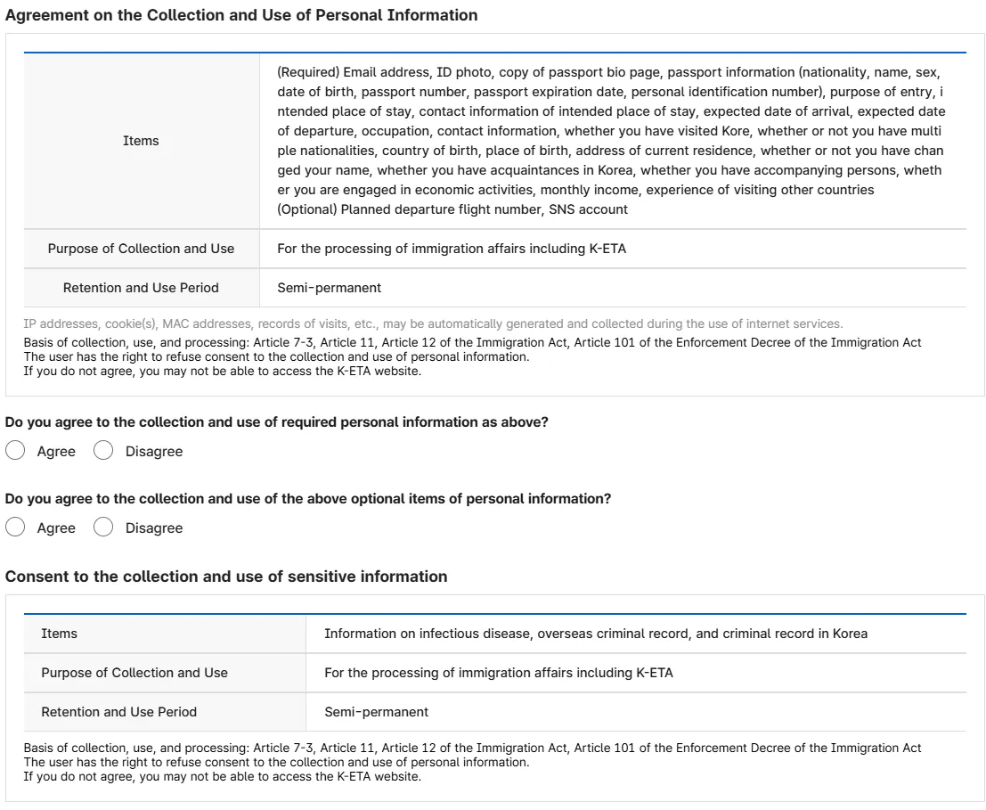 The K-ETA consent screen listing required, optional and sensitive information, with agree and disagree radio buttons for each
