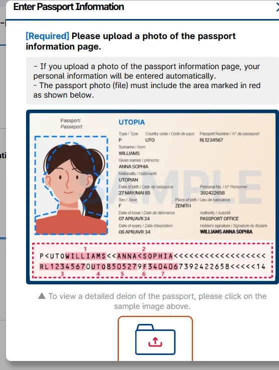 The K-ETA passport upload panel with a specimen passport, a red dashed box drawn around the machine-readable zone at the bottom of the page