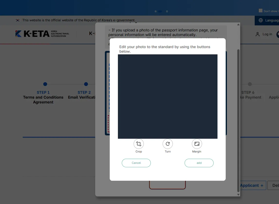The K-ETA image editor with Crop, Turn and Margin buttons under the uploaded image, and Cancel and add buttons below them