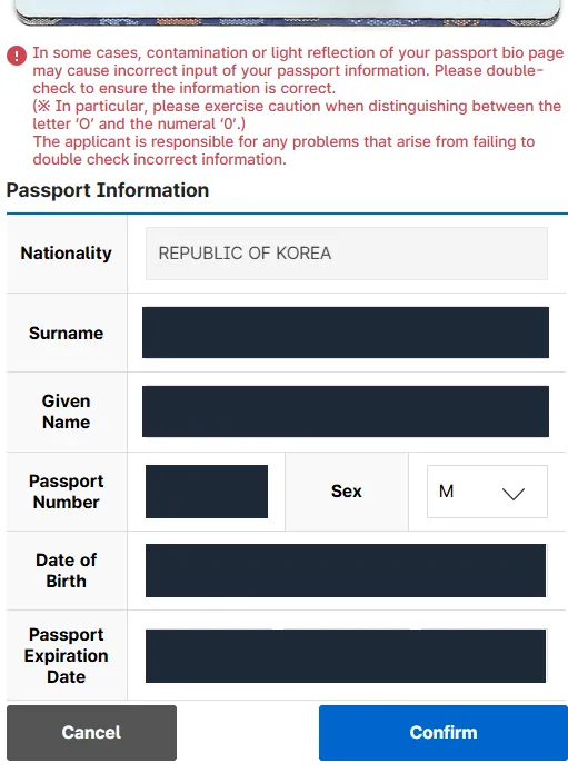 The recognised passport information form under a red warning about contamination and light reflection causing incorrect input, singling out the letter O and the numeral 0