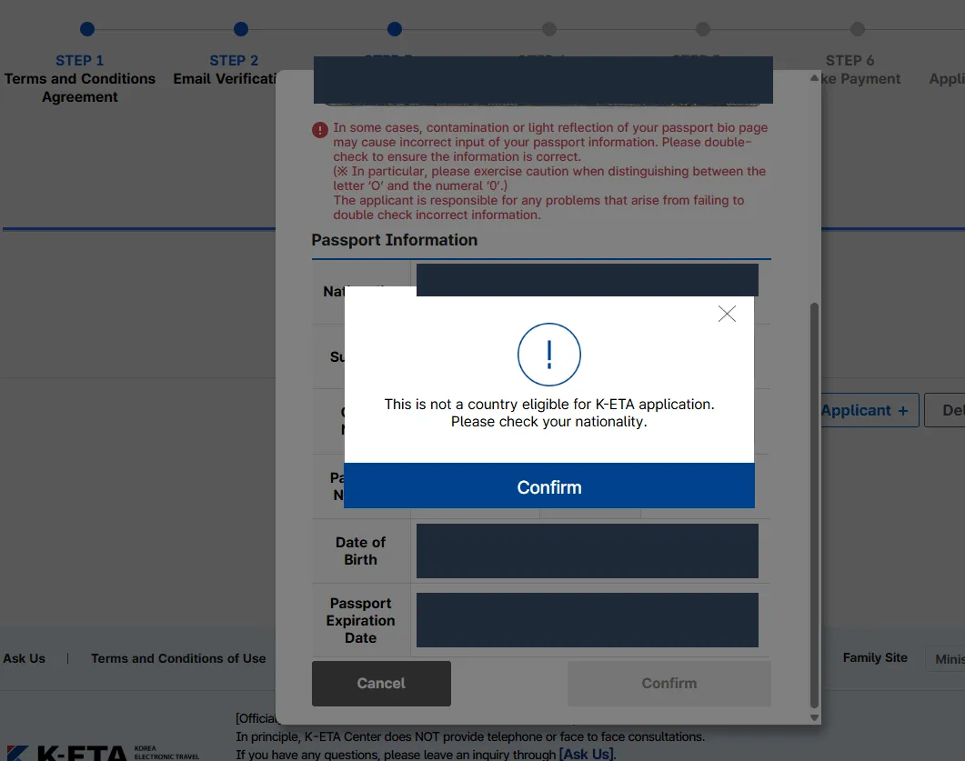 A popup reading This is not a country eligible for K-ETA application, please check your nationality, shown over the passport information form