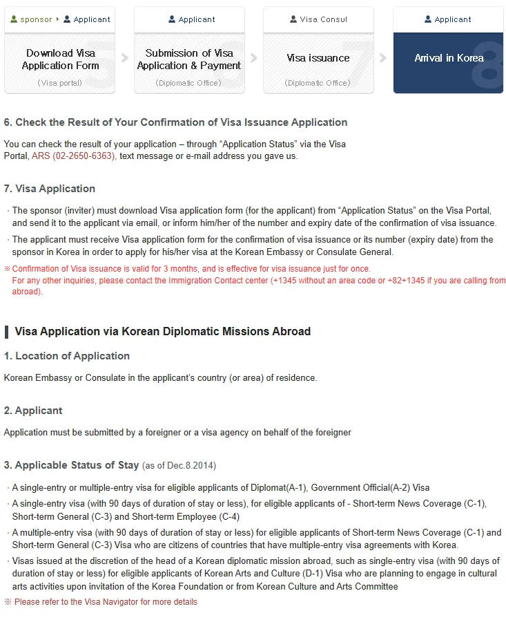The Visa Portal’s page for applying through a Korean diplomatic mission abroad, listing eligible statuses of stay